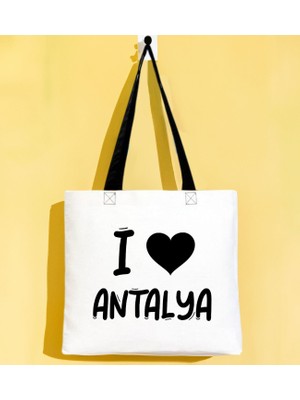 Bk Gift I Love Antalya Siyah Renkli Kulp Gabardin Bez Çanta 40X35CM, Baskılı Omuz Çantası, Alışveriş Çantası, Plaj Çantası