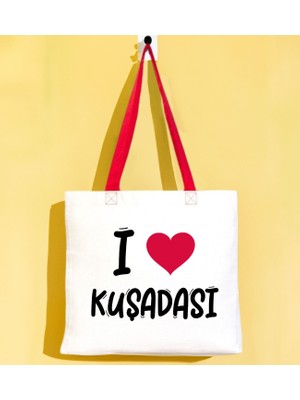 Bk Gift I Love Kuşadası Kırmızı Renkli Kulp Gabardin Bez Çanta 40X35CM, Baskılı Omuz Çantası, Alışveriş Çantası, Plaj Çantası