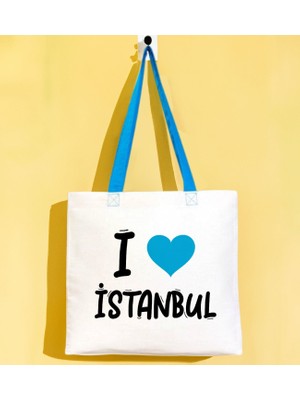 Bk Gift I Love Istanbul Turkuaz Renkli Kulp Gabardin Bez Çanta 40X35CM, Baskılı Omuz Çantası, Alışveriş Çantası, Plaj Çantası