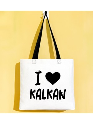 Bk Gift I Love Kalkan Siyah Renkli Kulp Gabardin Bez Çanta 40X35CM, Baskılı Omuz Çantası, Alışveriş Çantası, Plaj Çantası