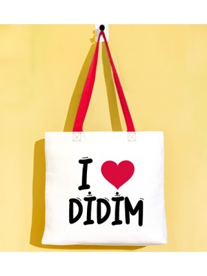 Bk Gift I Love Didim Kırmızı Renkli Kulp Gabardin Bez Çanta 40X35CM, Baskılı Omuz Çantası, Alışveriş Çantası, Plaj Çantası