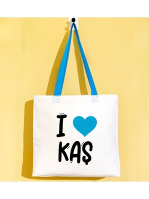 Bk Gift I Love Kaş Turkuaz Renkli Kulp Gabardin Bez Çanta 40X35CM, Baskılı Omuz Çantası, Alışveriş Çantası, Plaj Çantası