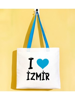 Bk Gift I Love Izmir Turkuaz Renkli Kulp Gabardin Bez Çanta 40X35CM, Baskılı Omuz Çantası, Alışveriş Çantası, Plaj Çantası