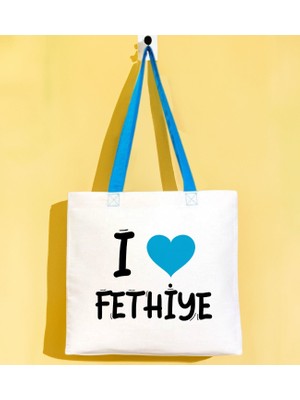 Bk Gift I Love Fethiye Turkuaz Renkli Kulp Gabardin Bez Çanta 40X35CM, Baskılı Omuz Çantası, Alışveriş Çantası, Plaj Çantası