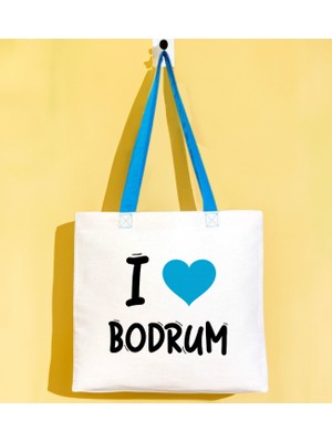 Bk Gift I Love Bodrum Turkuaz Renkli Kulp Gabardin Bez Çanta 40X35CM, Baskılı Omuz Çantası, Alışveriş Çantası, Plaj Çantası