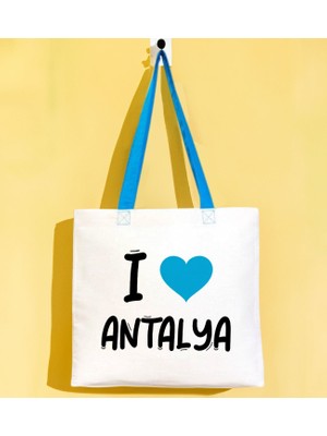 Bk Gift I Love Antalya Turkuaz Renkli Kulp Gabardin Bez Çanta 40X35CM, Baskılı Omuz Çantası, Alışveriş Çantası, Plaj Çantası