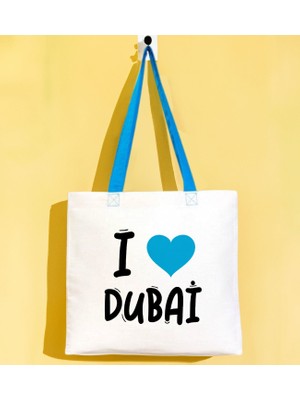 Bk Gift I Love Dubai Turkuaz Renkli Kulp Gabardin Bez Çanta 40X35CM, Baskılı Omuz Çantası, Alışveriş Çantası, Plaj Çantası