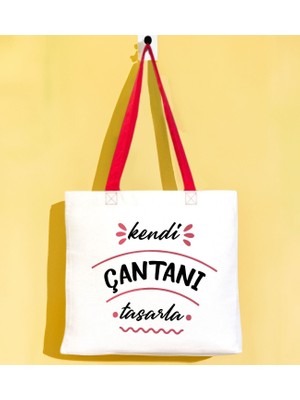 Bk Gift Kişiye Özel Kendin Tasarla Kırmızı Renkli Kulp Gabardin Bez Çanta 40X35CM, Alışveriş Çantası, Plaj Çantası, Baskılı Omuz Çantası