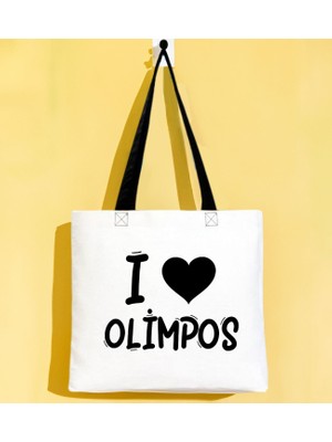 Bk Gift I Love Olimpos Siyah Renkli Kulp Gabardin Bez Çanta 40X35CM, Baskılı Omuz Çantası, Alışveriş Çantası, Plaj Çantası