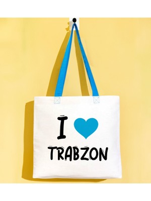 Bk Gift I Love Trabzon Turkuaz Renkli Kulp Gabardin Bez Çanta 40X35CM, Baskılı Omuz Çantası, Alışveriş Çantası, Plaj Çantası