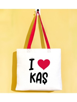 Bk Gift I Love Kaş Kırmızı Renkli Kulp Gabardin Bez Çanta 40X35CM, Baskılı Omuz Çantası, Alışveriş Çantası, Plaj Çantası