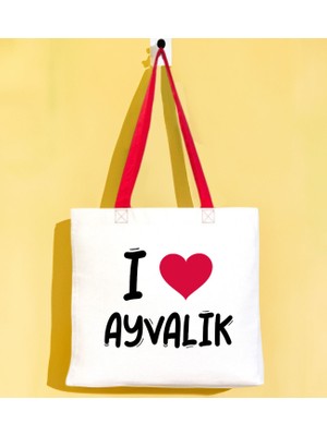 Bk Gift I Love Ayvalık Kırmızı Renkli Kulp Gabardin Bez Çanta 40X35CM, Baskılı Omuz Çantası, Alışveriş Çantası, Plaj Çantası