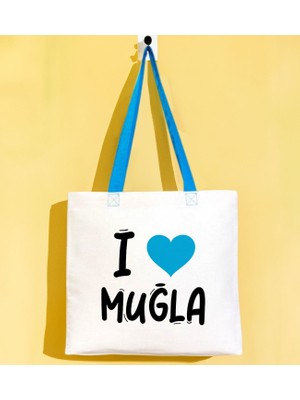 Bk Gift I Love Muğla Turkuaz Renkli Kulp Gabardin Bez Çanta 40X35CM, Baskılı Omuz Çantası, Alışveriş Çantası, Plaj Çantası