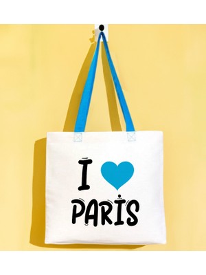 Bk Gift I Love Paris Turkuaz Renkli Kulp Gabardin Bez Çanta 40X35CM, Baskılı Omuz Çantası, Alışveriş Çantası, Plaj Çantası
