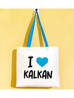 Bk Gift I Love Kalkan Turkuaz Renkli Kulp Gabardin Bez Çanta 40X35CM, Baskılı Omuz Çantası, Alışveriş Çantası, Plaj Çantası