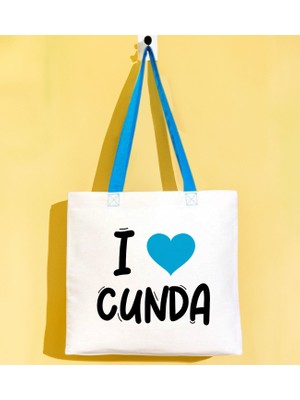Bk Gift I Love Cunda Turkuaz Renkli Kulp Gabardin Bez Çanta 40X35CM, Baskılı Omuz Çantası, Alışveriş Çantası, Plaj Çantası