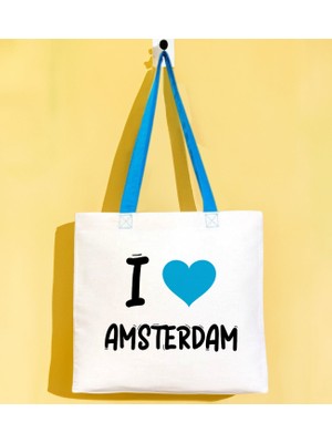 Bk Gift I Love Amsterdam Turkuaz Renkli Kulp Gabardin Bez Çanta 40X35CM, Baskılı Omuz Çantası, Alışveriş Çantası, Plaj Çantası
