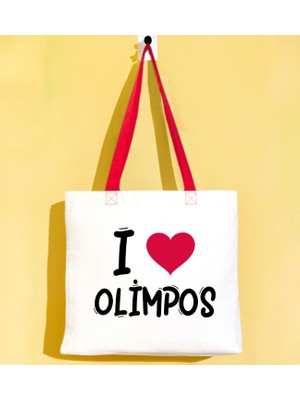 Bk Gift I Love Olimpos Kırmızı Renkli Kulp Gabardin Bez Çanta 40X35CM, Baskılı Omuz Çantası, Alışveriş Çantası, Plaj Çantası