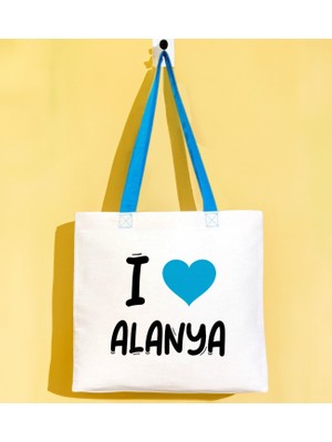 Bk Gift I Love Alanya Turkuaz Renkli Kulp Gabardin Bez Çanta 40X35CM, Baskılı Omuz Çantası, Alışveriş Çantası, Plaj Çantası