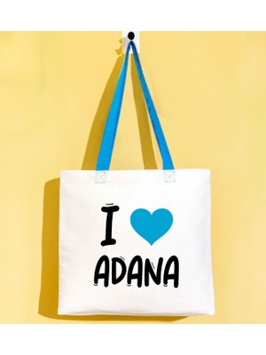 Bk Gift I Love Adana Turkuaz Renkli Kulp Gabardin Bez Çanta 40X35CM, Baskılı Omuz Çantası, Alışveriş Çantası, Plaj Çantası