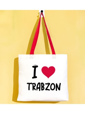 Bk Gift I Love Trabzon Kırmızı Renkli Kulp Gabardin Bez Çanta 40X35CM, Baskılı Omuz Çantası, Alışveriş Çantası, Plaj Çantası