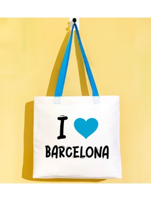 Bk Gift I Love Barcelona Turkuaz Renkli Kulp Gabardin Bez Çanta 40X35CM, Baskılı Omuz Çantası, Alışveriş Çantası, Plaj Çantası
