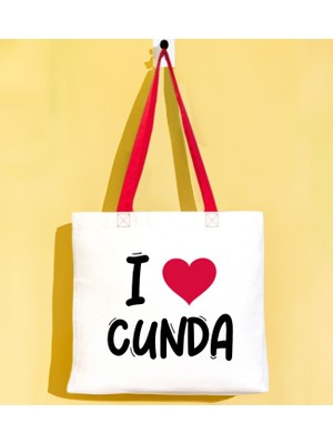 Bk Gift I Love Cunda Kırmızı Renkli Kulp Gabardin Bez Çanta 40X35CM, Baskılı Omuz Çantası, Alışveriş Çantası, Plaj Çantası