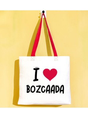 Bk Gift I Love Bozcaada Kırmızı Renkli Kulp Gabardin Bez Çanta 40X35CM, Baskılı Omuz Çantası, Alışveriş Çantası, Plaj Çantası