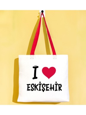 Bk Gift I Love Eskişehir Kırmızı Renkli Kulp Gabardin Bez Çanta 40X35CM, Baskılı Omuz Çantası, Alışveriş Çantası, Plaj Çantası