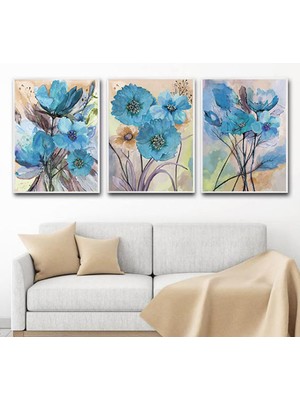 Mavi Çiçekler Desenli Metal Çerçeveli Tablo Seti Beyaz /s
