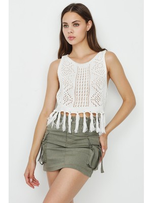 Select Moda Kadın Etek Ucu Püsküllü Örgü Crop Top