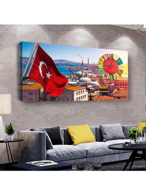 Zevahir Mobilya Dekorasyon Türk Bayrağı Saatli Ahşap Şase Dijital Baskı Kanvas Tablo 50 x 100 cm