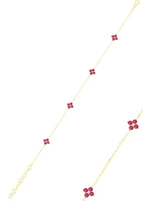 Söğütlü Silver Gümüş Altın Yaldızlı Fuşya Taşlı Yonca Bileklik SGTL12502GOLD