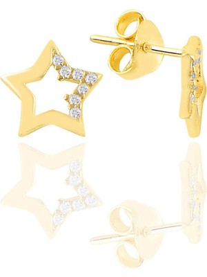 Söğütlü Silver Gümüş Altın Yaldızlı Zirkon Taşlı Yıldız Küpe SGTL11120GOLD