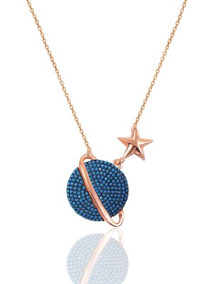 Söğütlü Silver Gümüş Rose Turkuaz Taşlı Satürn Gezegen Kolye SGTL12512MAVI