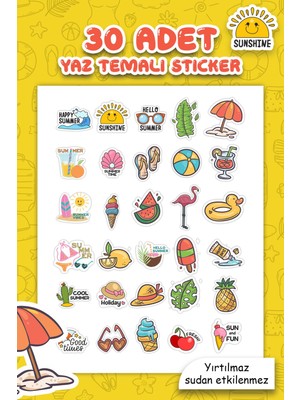 Msticker Yaz Temalı Sudan Etkilenmeyen Sticker Seti 30 Parça Tüm Yüzeylere Uygun Sticker Deniz Tatil Sticker
