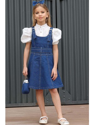 Riccotarz Kız Çocuk Dokuma Işlemeli Gömlek ve Askı Detaylı Jean Mavi Elbise