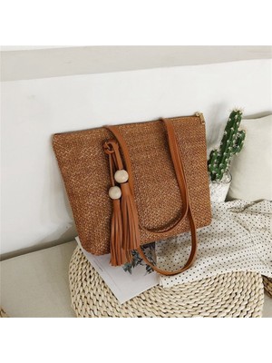 Talent Kadınlar Basit Hasır Çanta Omuz Çantası Püsküller Tote Yaz Plaj Fermuar Alışveriş Crossbody Moda Seyahat Messenger Haki (Yurt Dışından)