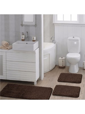 Eurobano Home %100 Doğal Kaymaz Taban Işıltılı Kahve Yıkanabilir 3’lü Banyo Halısı, Paspas