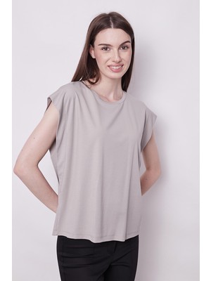 Jument Şık Likralı Span Kumaş Kolsuz Geniş Sıfır Yaka Düşük Omuzlu Basic Tshirt Bluz-Gri