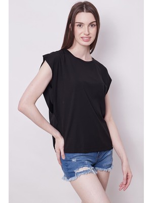 Jument Şık Likralı Span Kumaş Kolsuz Geniş Sıfır Yaka Düşük Omuzlu Basic Tshirt Bluz-Siyah