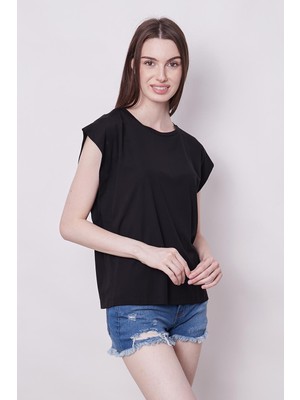 Jument Şık Likralı Span Kumaş Kolsuz Geniş Sıfır Yaka Düşük Omuzlu Basic Tshirt Bluz-Siyah