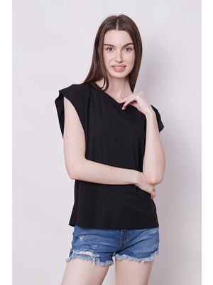 Jument Şık Likralı Span Kumaş Kolsuz Geniş Sıfır Yaka Düşük Omuzlu Basic Tshirt Bluz-Siyah