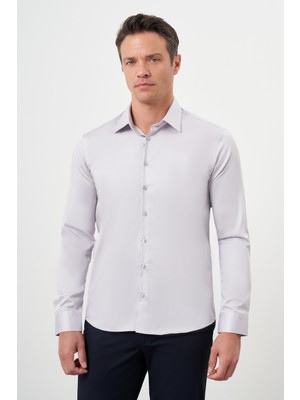 Morven  Erkek Gri Pamuk Düz Desen Sert Yaka Slim Fit  Gömlek