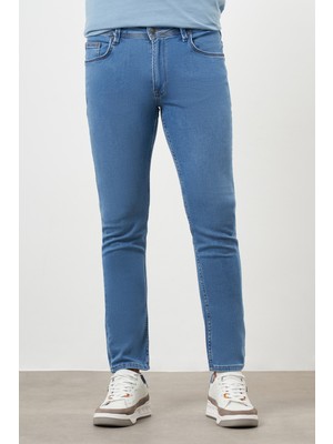 Morven  Erkek Mavi Denim 5 Cep Slim Fit Jean Kot Pantolon