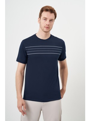 Morven  Erkek Lacivert Trend Çizgili Bisiklet Yaka Dynamic Fit T-Shirt