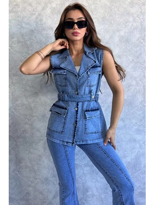 Julude Mavi Cepli Bel Kemerli Kadın Likralı Jean Kot Yelek P-00011487