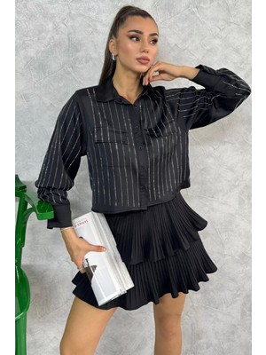 Julude Siyah Çift Cepli Taşlı Kadın Saten Gömlek P-00011645