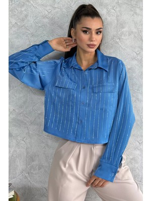 Julude Mavi Çift Cepli Taşlı Kadın Saten Gömlek P-00011645