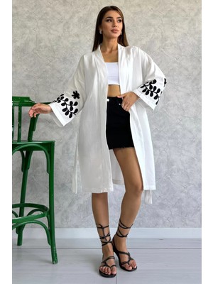 Julude Krem Bel Kuşaklı Nakışlı Kadın Kimono P-00011644